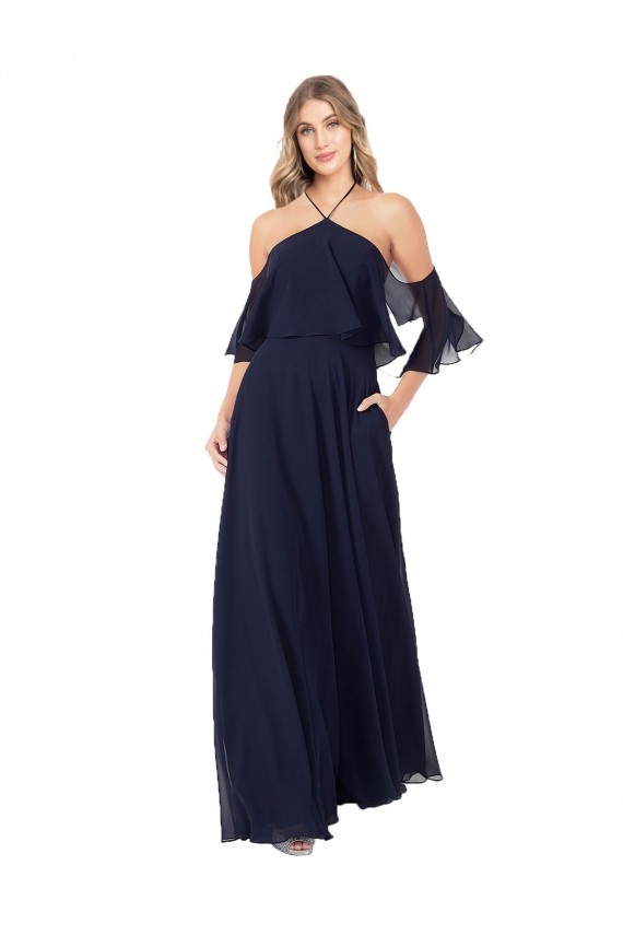 Bleu marine foncé Trapèze Licou Col Haut Mousseline Longue Robes demoiselle d'honneur Pas Cher