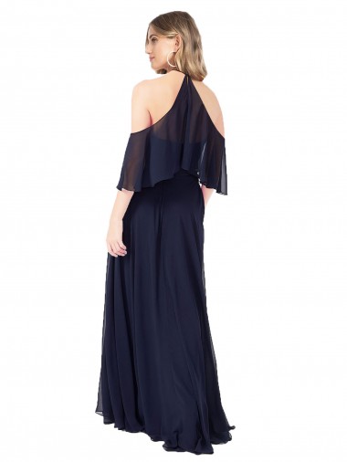 Bleu marine foncé Trapèze Licou Col Haut Mousseline Longue Robes demoiselle d'honneur