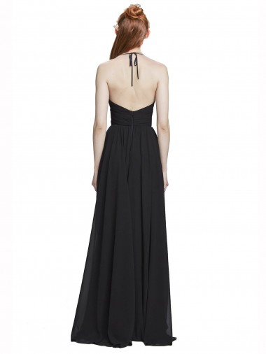 Bleu marine foncé Trapèze Licou Col V Mousseline Longue Robes demoiselle d'honneur