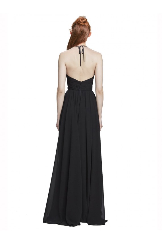 Bleu marine foncé Trapèze Licou Col V Mousseline Longue Robes demoiselle d'honneur Pas Cher