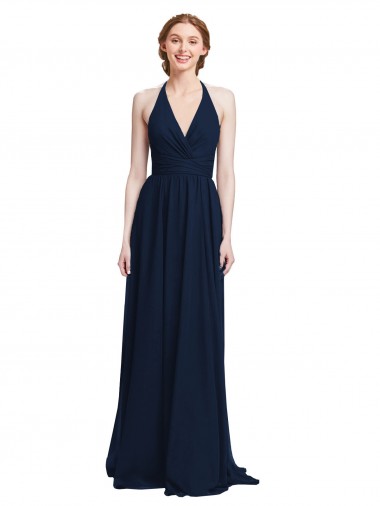 Bleu marine foncé Trapèze Licou Col V Mousseline Longue Robes demoiselle d'honneur Pas Cher