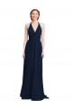Bleu marine foncé Trapèze Licou Col V Mousseline Longue Robes demoiselle d'honneur Pas Cher