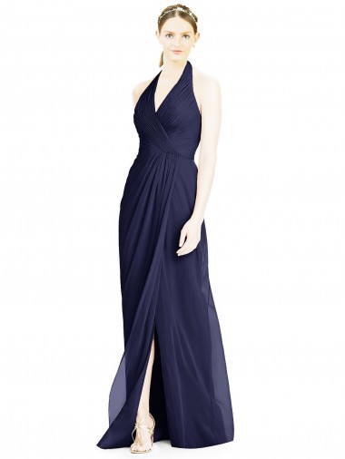 Bleu marine foncé Trapèze Licou Col V Mousseline Longue Robes demoiselle d'honneur Pas Cher