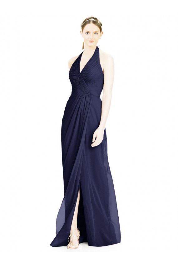 Bleu marine foncé Trapèze Licou Col V Mousseline Longue Robes demoiselle d'honneur Pas Cher
