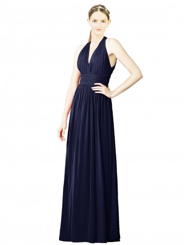 Bleu marine foncé Trapèze Licou Col V Mousseline Longue Robes demoiselle d'honneur Pas Cher