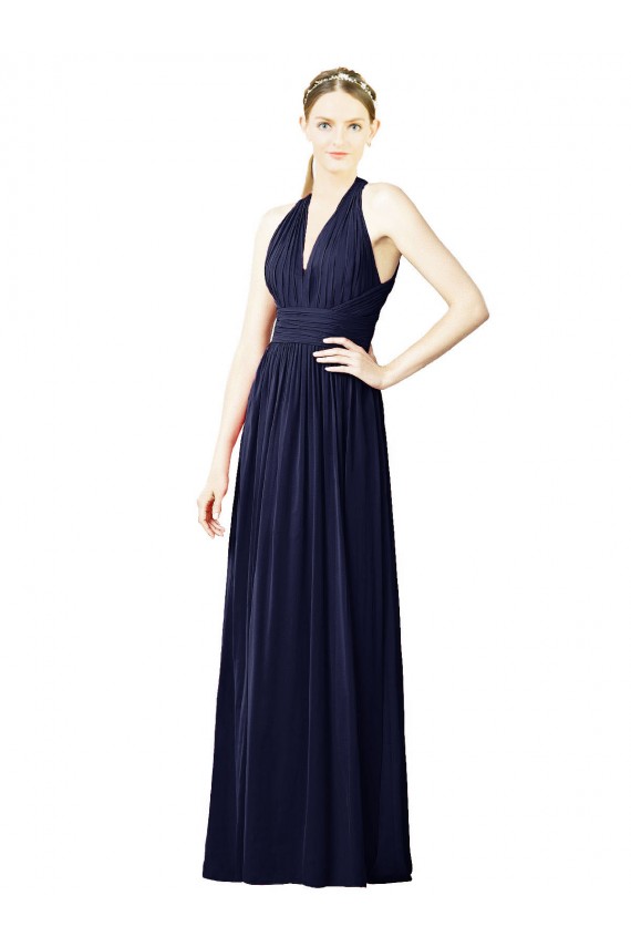 Bleu marine foncé Trapèze Licou Col V Mousseline Longue Robes demoiselle d'honneur Pas Cher