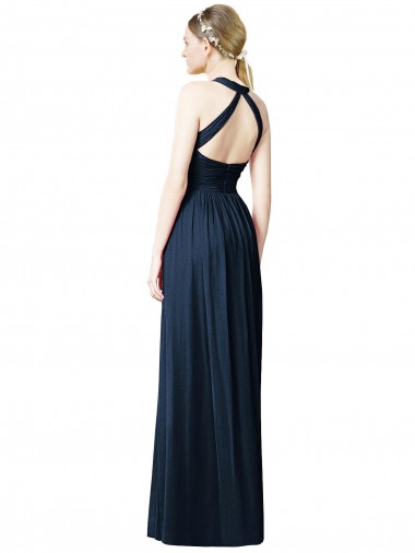 Bleu marine foncé Trapèze Licou Col V Mousseline Longue Robes demoiselle d'honneur