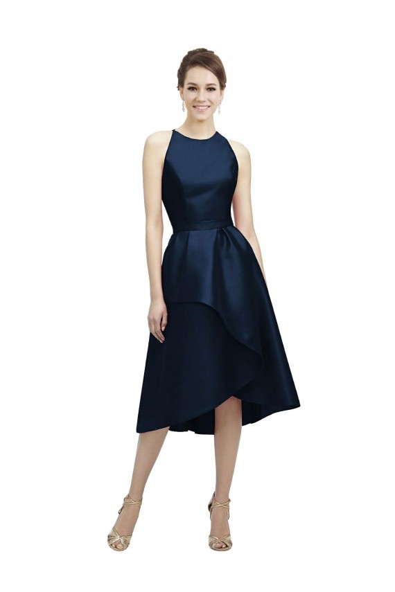 Bleu marine foncé Trapèze Licou Col bijou Satiné Courte Asymétrique Robes demoiselle d'honneur Pas Cher