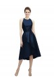 Bleu marine foncé Trapèze Licou Col bijou Satiné Courte Asymétrique Robes demoiselle d'honneur Pas Cher