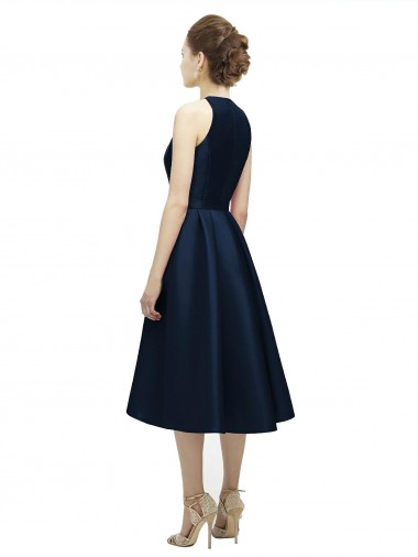 Bleu marine foncé Trapèze Licou Col bijou Satiné Courte Asymétrique Robes demoiselle d'honneur