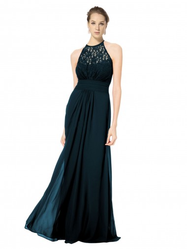 Bleu marine foncé Trapèze Licou Illusion Mousseline Dentelle Longue Robes demoiselle d'honneur Pas Cher