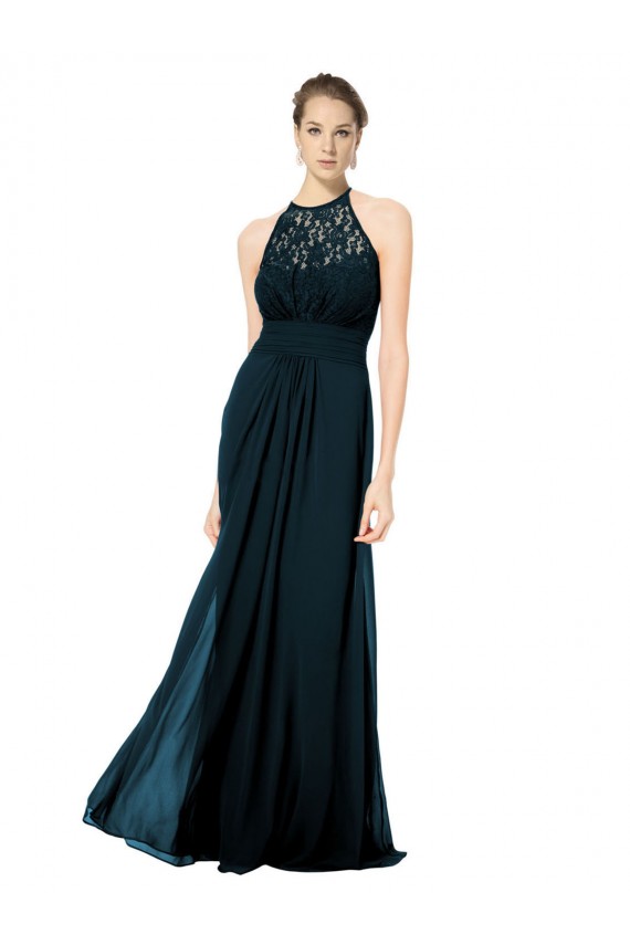 Bleu marine foncé Trapèze Licou Illusion Mousseline Dentelle Longue Robes demoiselle d'honneur Pas Cher