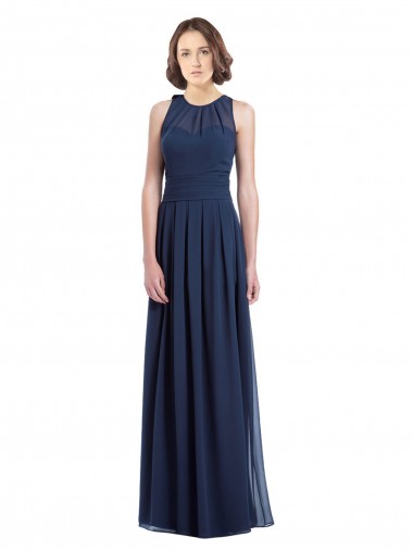 Bleu marine foncé Trapèze Licou Mousseline Longue Robes demoiselle d'honneur Pas Cher