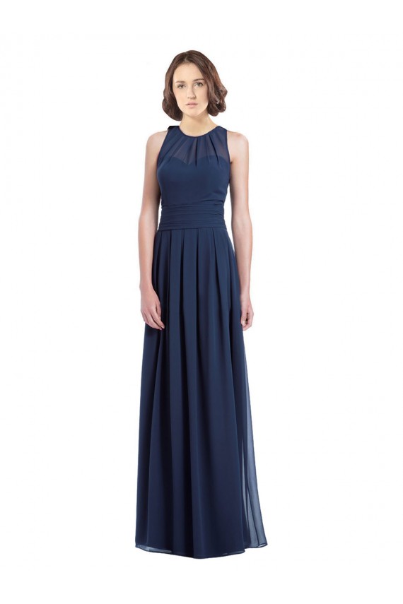 Bleu marine foncé Trapèze Licou Mousseline Longue Robes demoiselle d'honneur Pas Cher