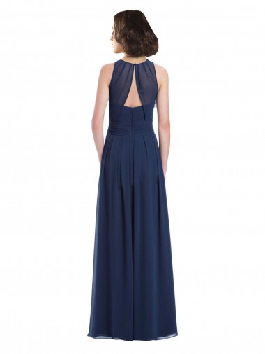 Bleu marine foncé Trapèze Licou Mousseline Longue Robes demoiselle d'honneur