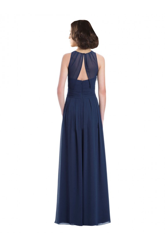 Bleu marine foncé Trapèze Licou Mousseline Longue Robes demoiselle d'honneur Pas Cher