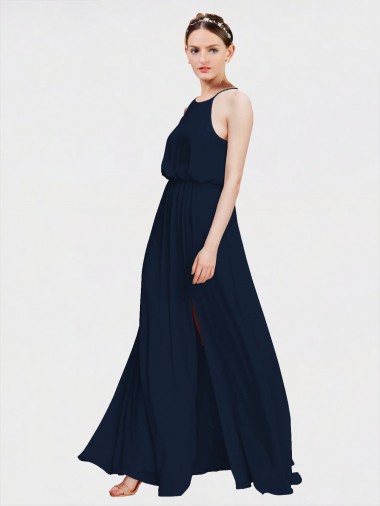 Bleu marine foncé Trapèze Licou Mousseline Longue Robes demoiselle d'honneur Pas Cher
