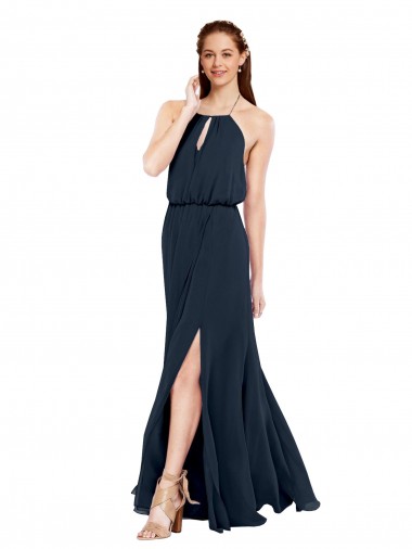 Bleu marine foncé Trapèze Licou Mousseline Longue Robes demoiselle d'honneur Pas Cher