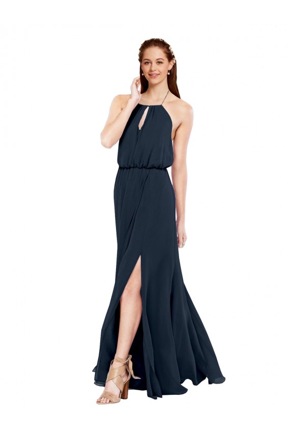 Bleu marine foncé Trapèze Licou Mousseline Longue Robes demoiselle d'honneur Pas Cher