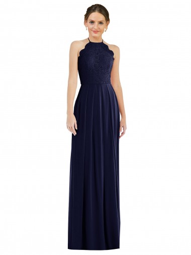 Bleu marine foncé Trapèze Licou Mousseline Longue Robes demoiselle d'honneur Pas Cher