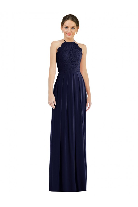 Bleu marine foncé Trapèze Licou Mousseline Longue Robes demoiselle d'honneur Pas Cher