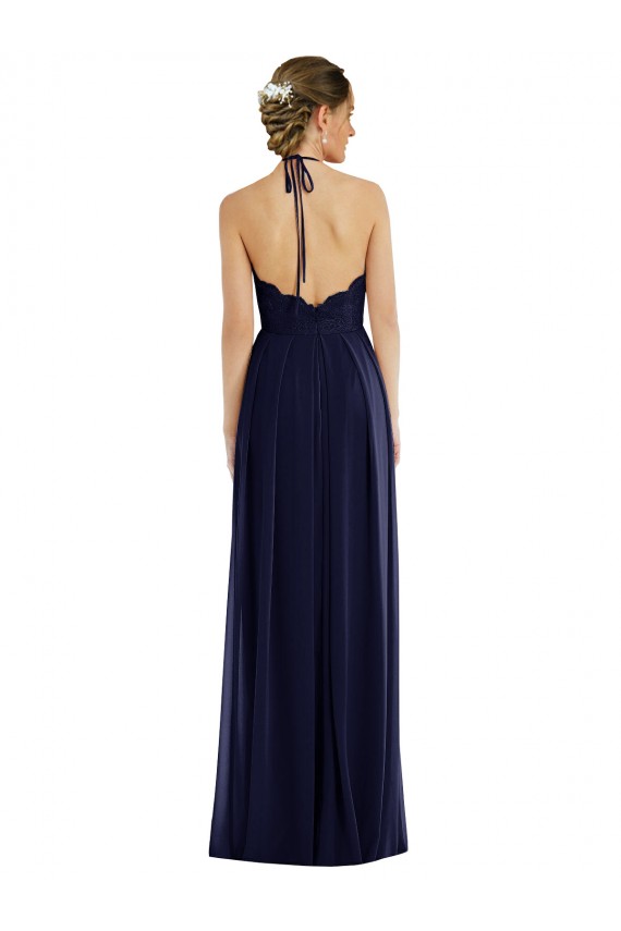Bleu marine foncé Trapèze Licou Mousseline Longue Robes demoiselle d'honneur Pas Cher