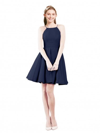 Bleu marine foncé Trapèze Licou Satiné Courte Robes demoiselle d'honneur / Robes de cocktail Pas Cher