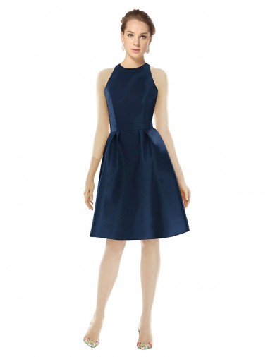 Bleu marine foncé Trapèze Licou Satiné Courte Robes demoiselle d'honneur / Robes de cocktail Pas Cher
