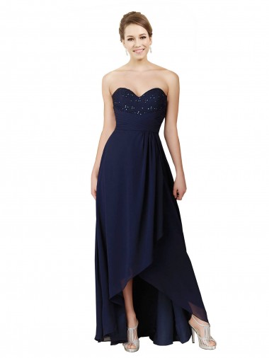 Bleu marine foncé Trapèze Mousseline Longue Asymétrique Robes demoiselle d'honneur Pas Cher