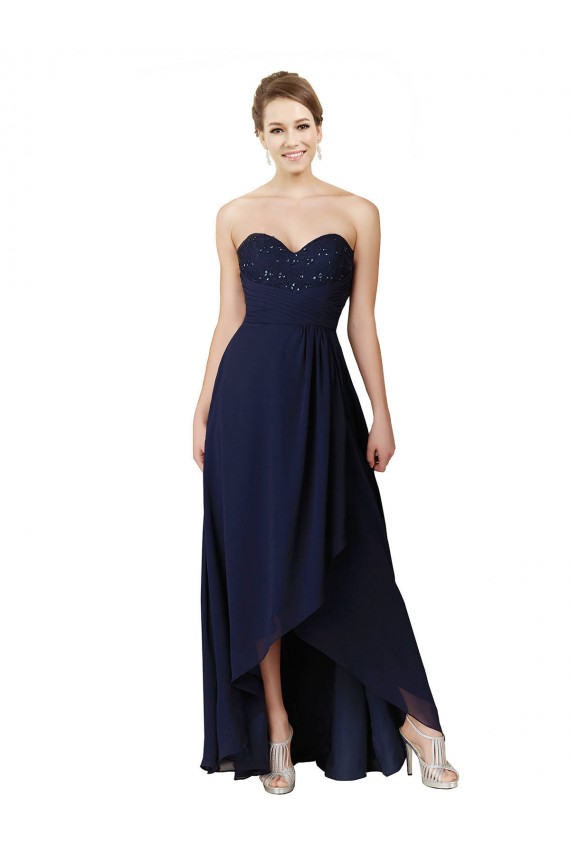 Bleu marine foncé Trapèze Mousseline Longue Asymétrique Robes demoiselle d'honneur Pas Cher