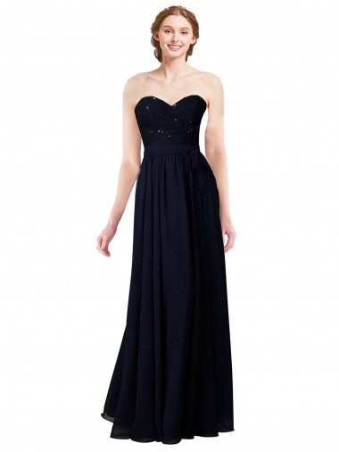 Bleu marine foncé Trapèze Mousseline Longue Robes demoiselle d'honneur Pas Cher