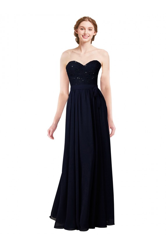 Bleu marine foncé Trapèze Mousseline Longue Robes demoiselle d'honneur Pas Cher