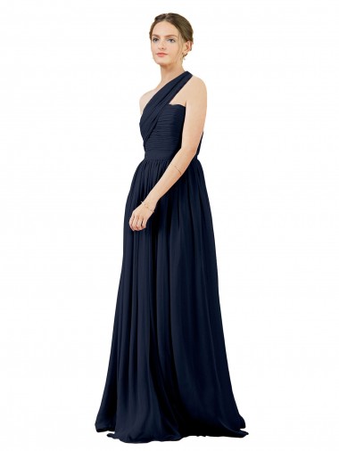 Bleu marine foncé Trapèze Mousseline Longue Robes demoiselle d'honneur Pas Cher