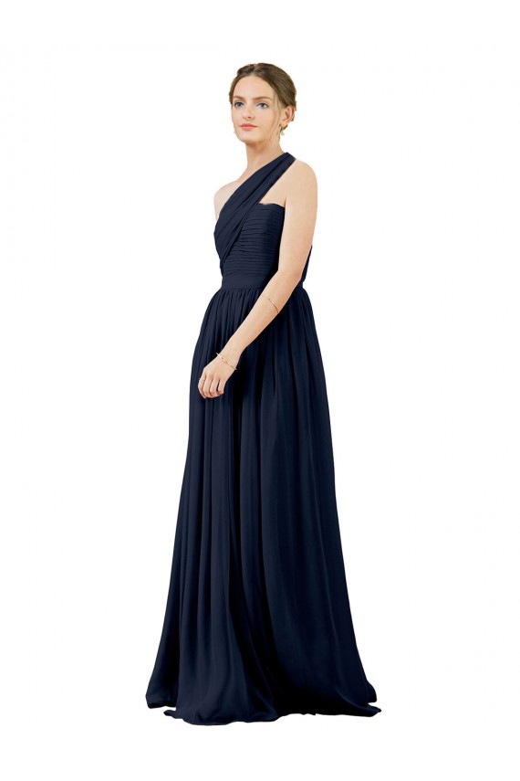 Bleu marine foncé Trapèze Mousseline Longue Robes demoiselle d'honneur Pas Cher