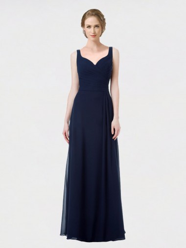 Bleu marine foncé Trapèze Mousseline Longue Robes demoiselle d'honneur Pas Cher