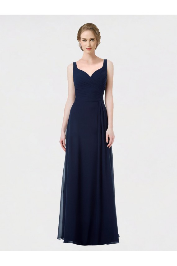 Bleu marine foncé Trapèze Mousseline Longue Robes demoiselle d'honneur Pas Cher