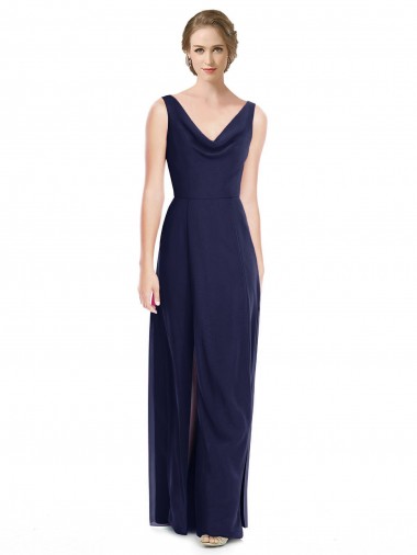 Bleu marine foncé Trapèze Mousseline Longue Robes demoiselle d'honneur Pas Cher