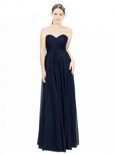 Bleu marine foncé Trapèze Sans bretelle Mousseline Longue Robes demoiselle d'honneur Pas Cher