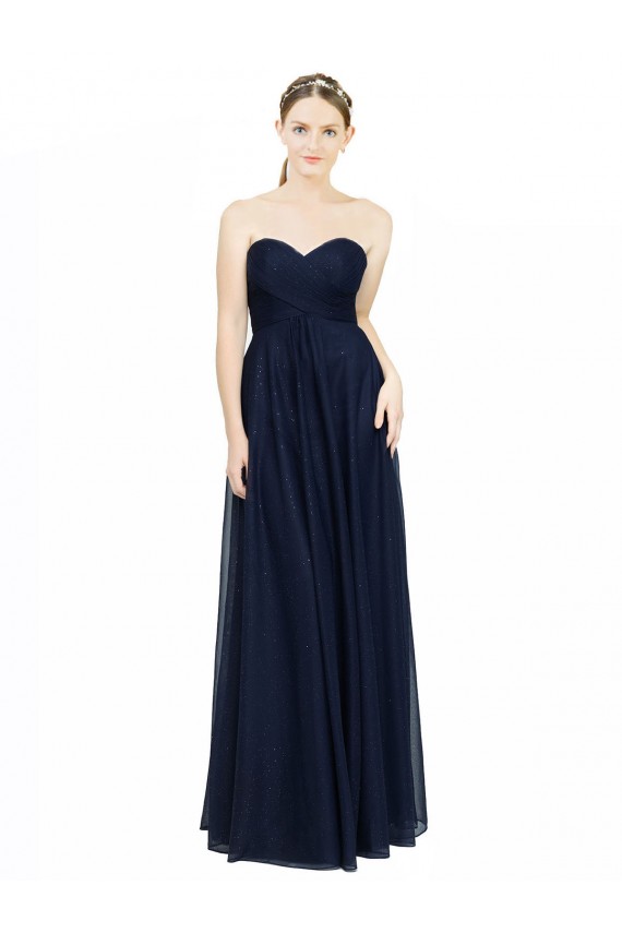 Bleu marine foncé Trapèze Sans bretelle Mousseline Longue Robes demoiselle d'honneur Pas Cher