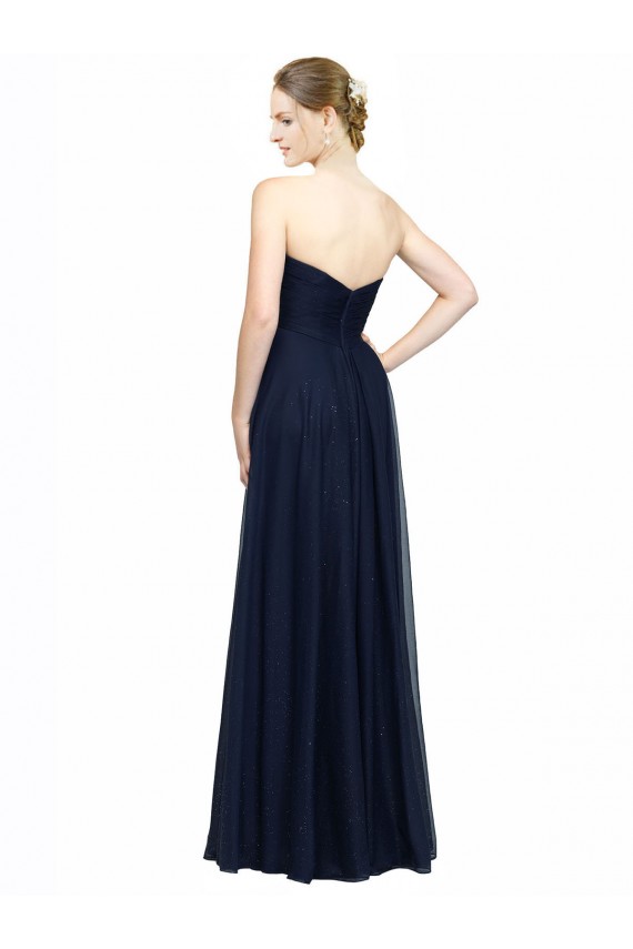 Bleu marine foncé Trapèze Sans bretelle Mousseline Longue Robes demoiselle d'honneur Pas Cher