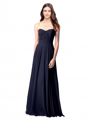 Bleu marine foncé Trapèze Sans bretelle Mousseline Longue Robes demoiselle d'honneur Pas Cher
