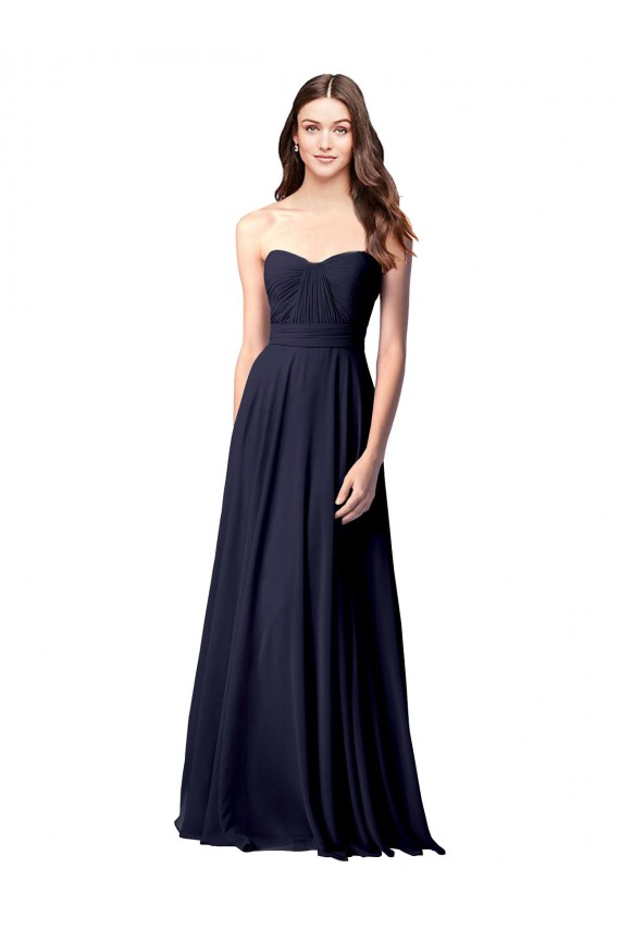 Bleu marine foncé Trapèze Sans bretelle Mousseline Longue Robes demoiselle d'honneur Pas Cher