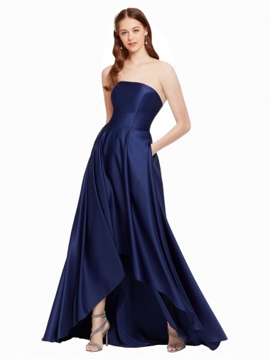 Bleu marine foncé Trapèze Sans bretelle Satiné Longue Asymétrique Formelles Robes demoiselle d'honneur / Robes de soirée / Robes de bal Pas Cher