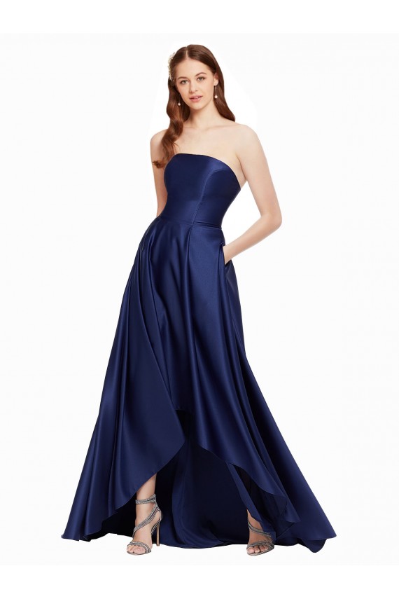 Bleu marine foncé Trapèze Sans bretelle Satiné Longue Asymétrique Formelles Robes demoiselle d'honneur / Robes de soirée / Robes de bal Pas Cher