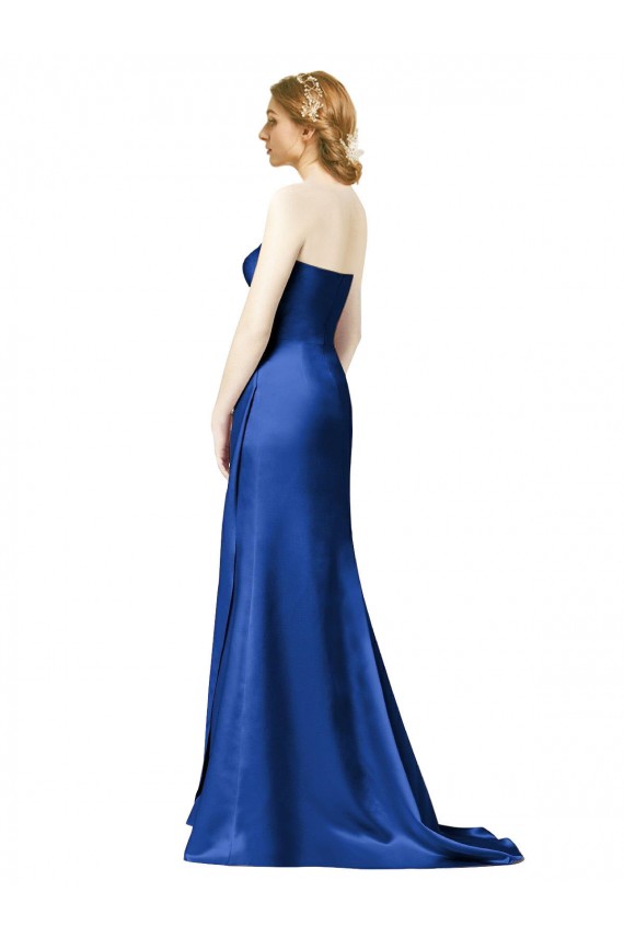 Bleu marine foncé Trapèze Sans bretelle Satiné Longue Robes demoiselle d'honneur Pas Cher