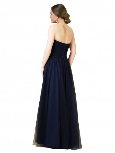 Bleu marine foncé Trapèze Sans bretelle Tulle Longue Robes demoiselle d'honneur