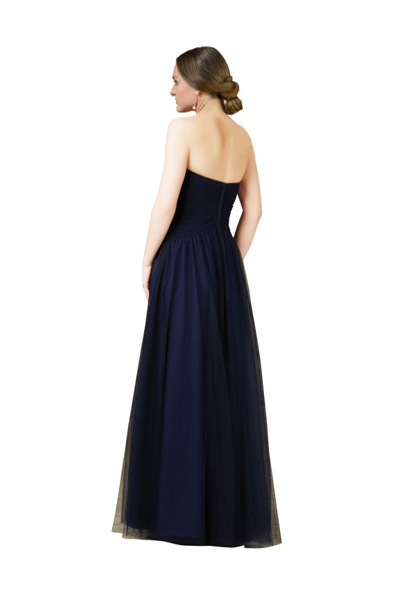 Bleu marine foncé Trapèze Sans bretelle Tulle Longue Robes demoiselle d'honneur Pas Cher