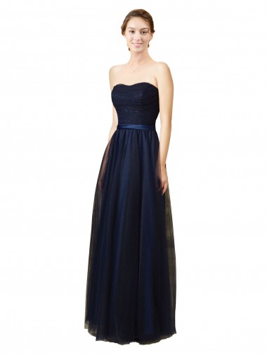 Bleu marine foncé Trapèze Sans bretelle Tulle Longue Robes demoiselle d'honneur Pas Cher