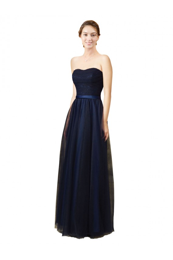 Bleu marine foncé Trapèze Sans bretelle Tulle Longue Robes demoiselle d'honneur Pas Cher