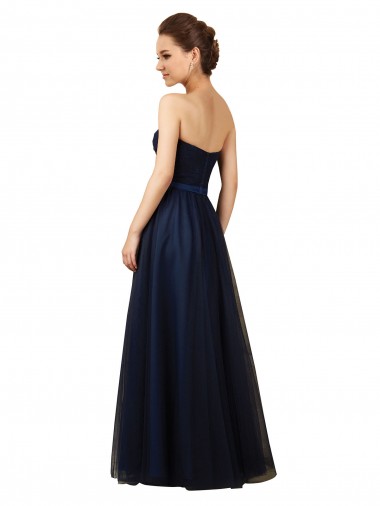 Bleu marine foncé Trapèze Sans bretelle Tulle Longue Robes demoiselle d'honneur